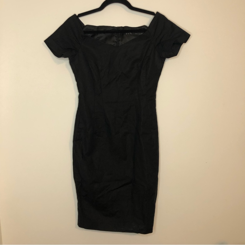 Zara Basic Black Formal Short Sleeve Fitted Midi Dress size Medium